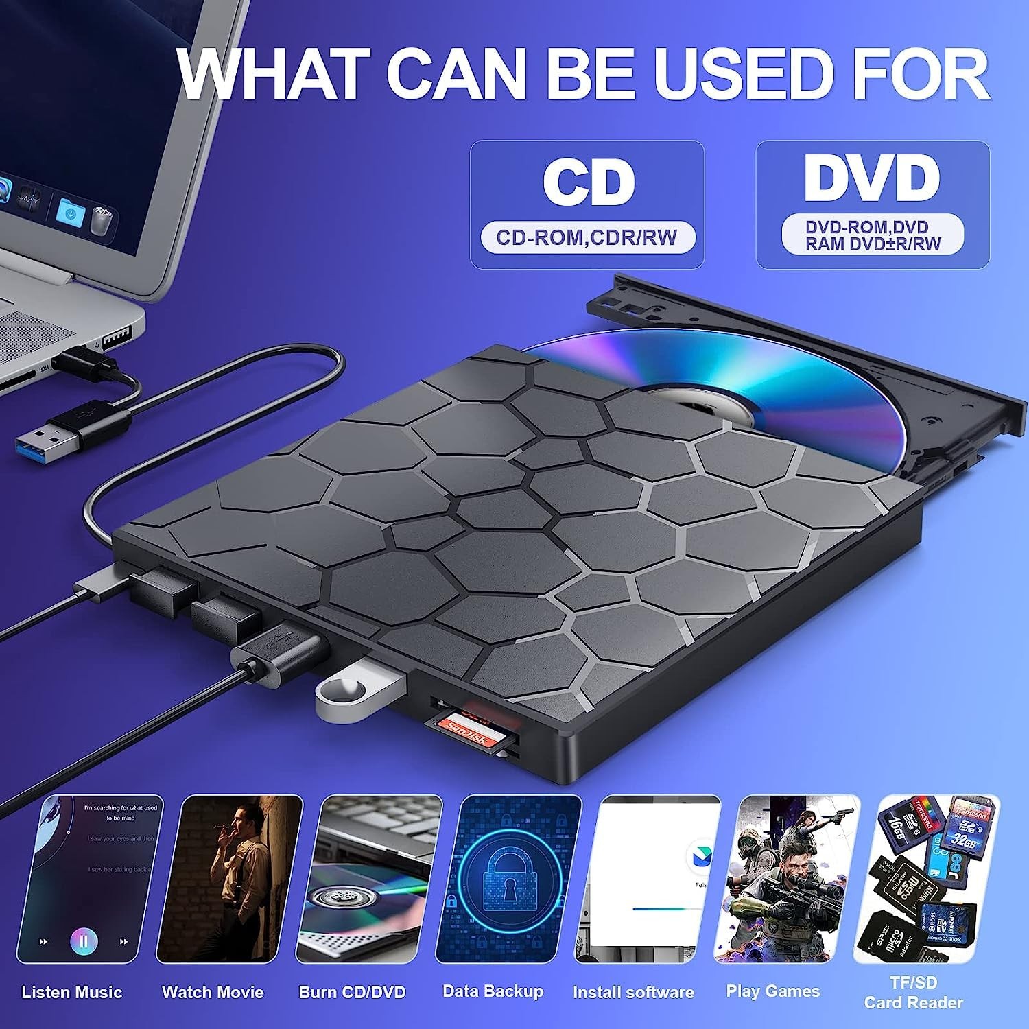 BPAKDU USB 3.0 External CD DVD Drive for Laptop PC Mac + Carrying Case