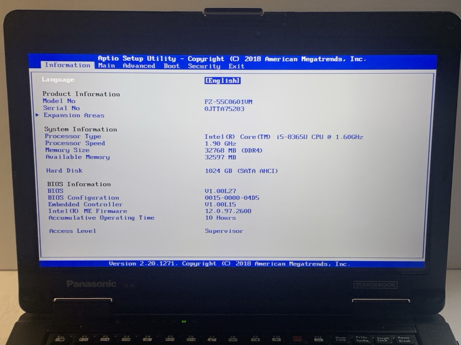 PANASONIC FZ-55 Toughbook Touch Laptop i5 8365U 32GB 1TB 1.60GHz Win11 ~10 Hours