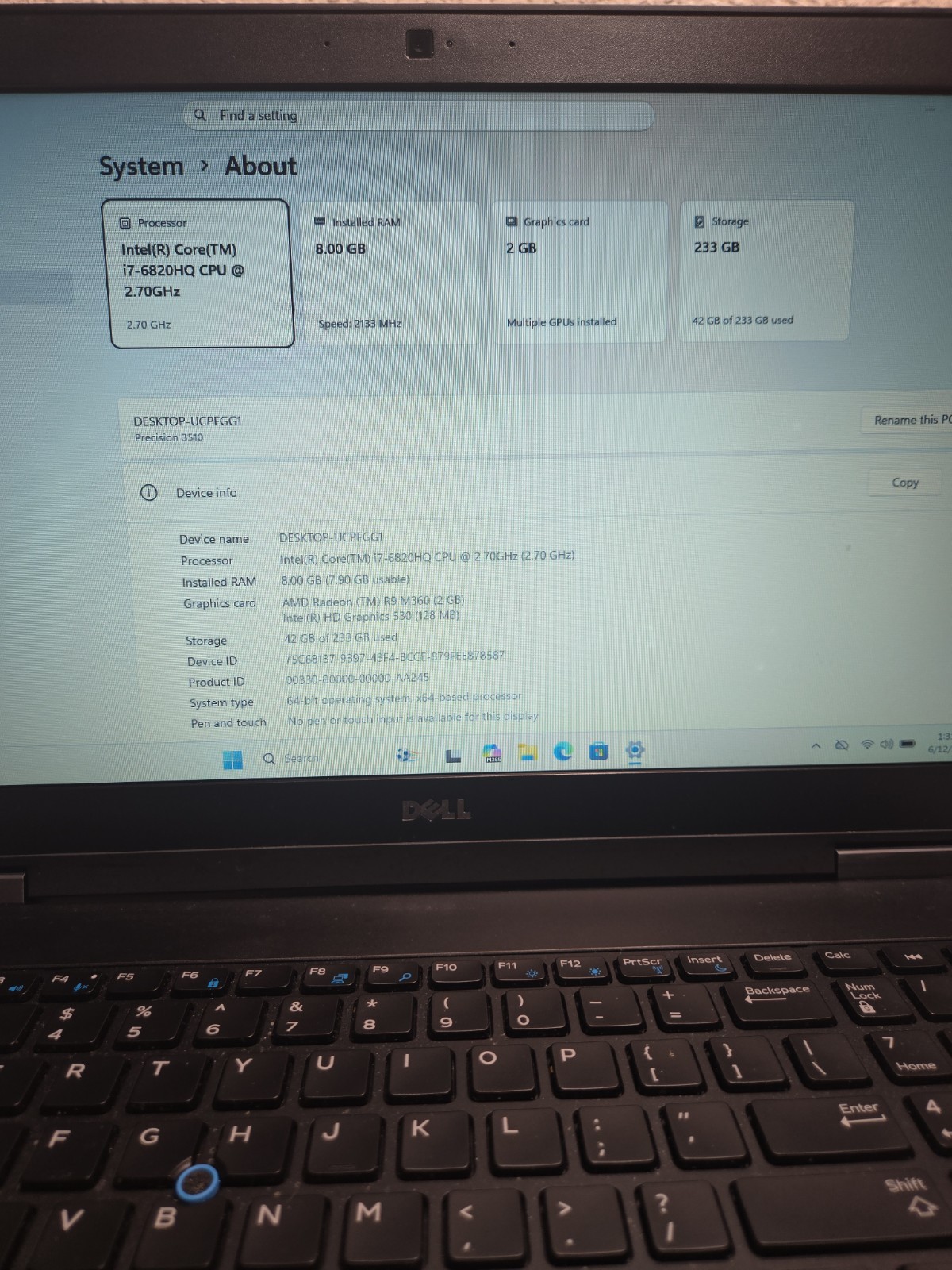 Dell 15,6″/i7-6820HQ/ATI Radeon R9/8Gb/ssd 250/Camera/ Battery Is Good/…/NO AC