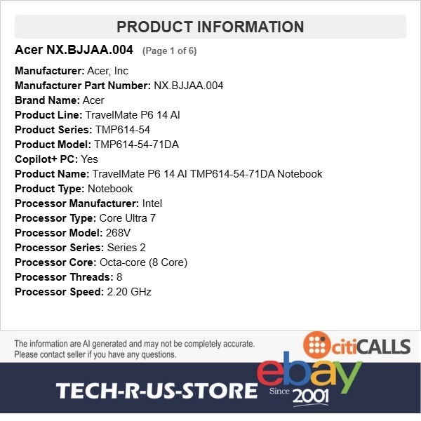 Acer NX.BJJAA.004 TravelMate P6 14 AI Copilot+ Ultra 7 268V 32GB 1TB SSD W11P