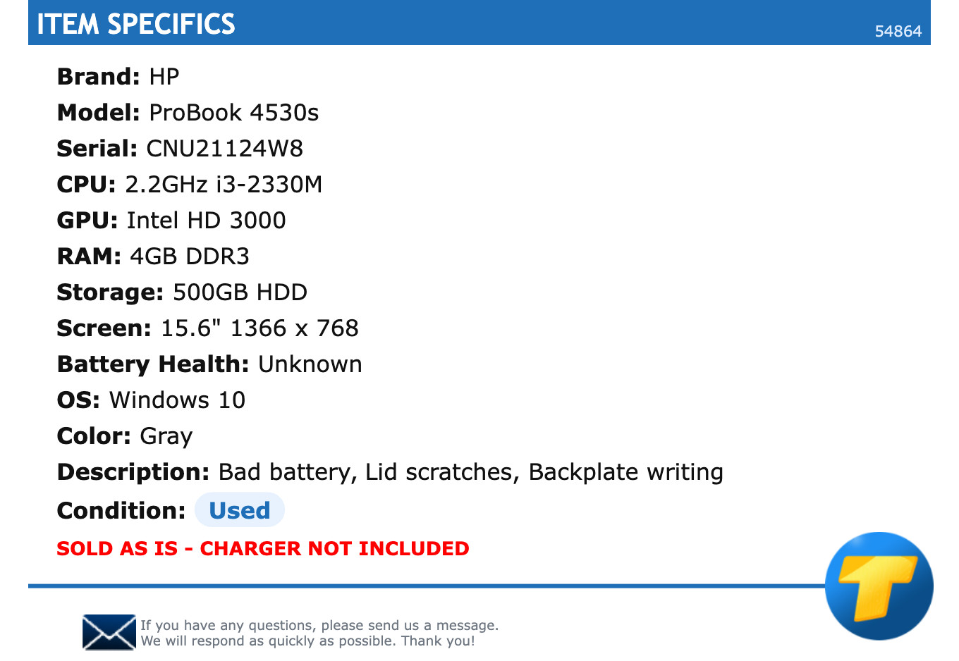 HP ProBook 4530s – 15.6″ HD, 2.2GHz i3, 4GB RAM, 500GB HDD, Windows 10