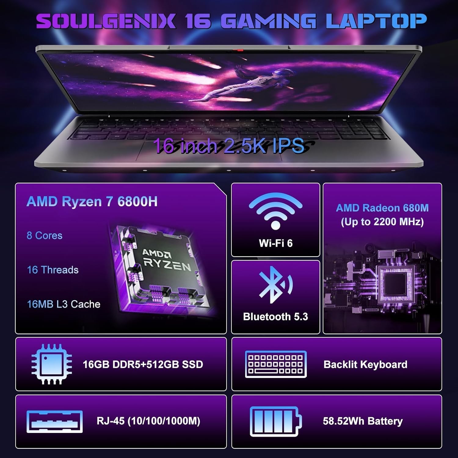 Gaming Laptop 16GB DDR5 512GB SSD 16″ AMD Ryzen7 Win11 Pro Backlit