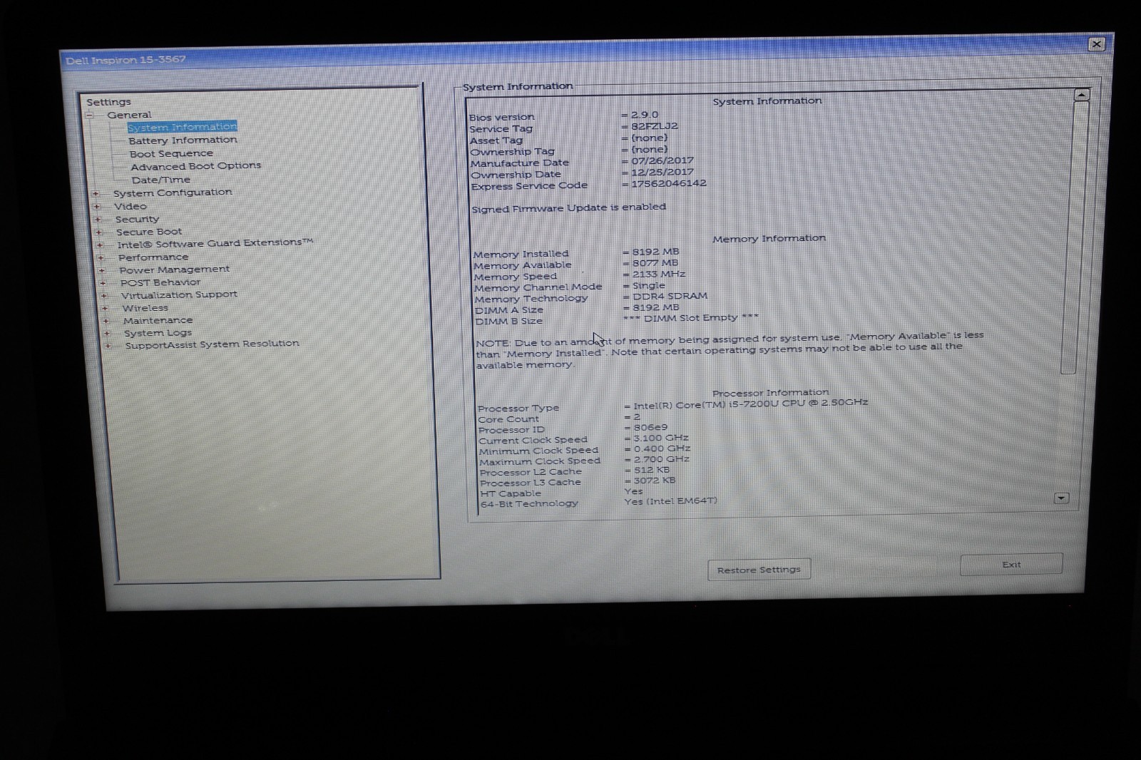Dell Inspiron 15-3567 15.6in 2 TB HD 8 GB RAM i5-7200U 30 day warranty no OS