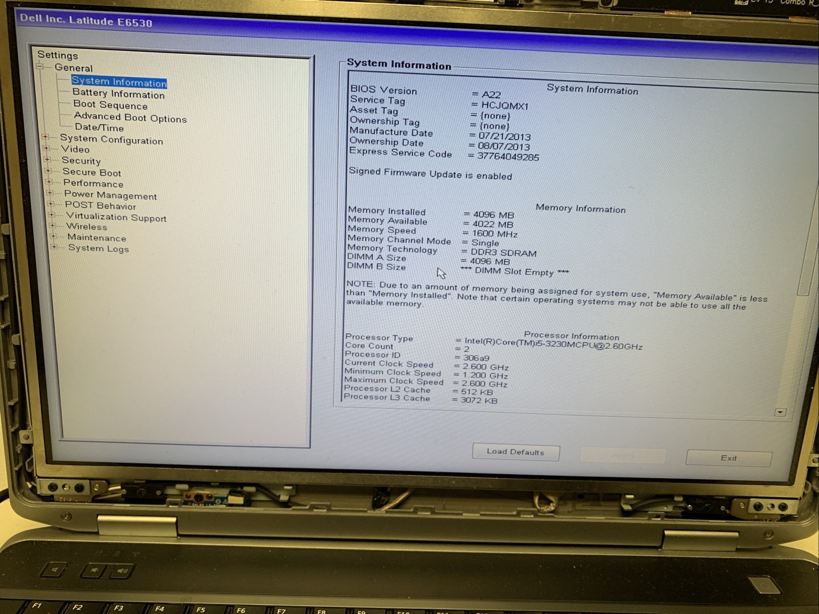 DELL LATITUDE E6530 Intel Core i5-3230M 2.60 GHZ 4GB No Hdd No Charger /for Part