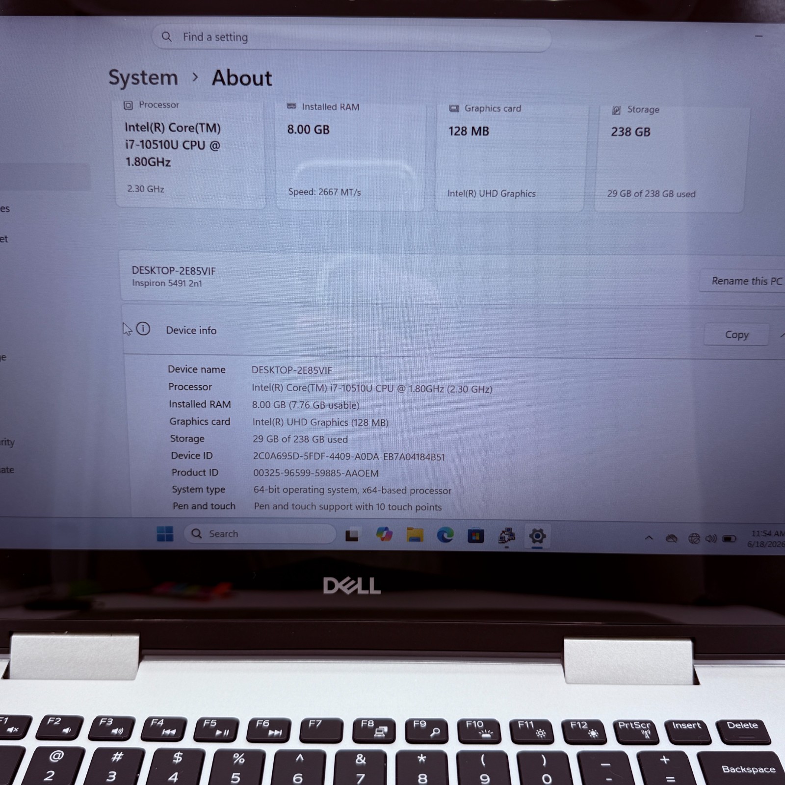 Dell Inspiron 5491 2-in-1 i7-10510U 8GB 256GB SSD Touch Win11 Battery 60% Good