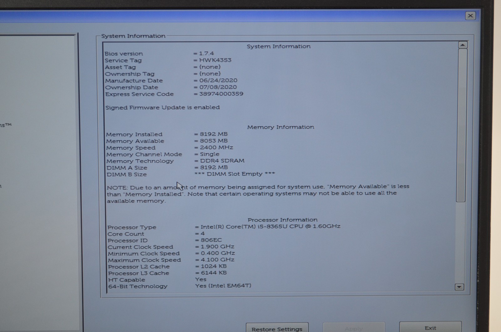 Dell Latitude 5400 Core i5-8365U 1.60GHz 8GB RAM No HDD/OS PARTS READ