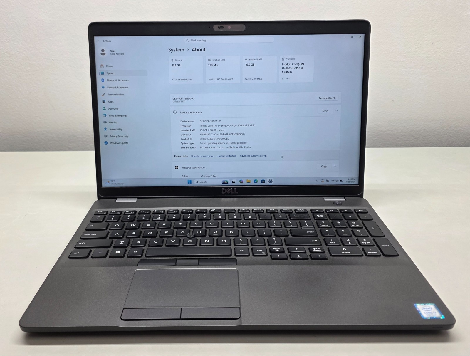 Dell Latitude 5500 15.6″ i7-8665U 1.90GHz 16GB RAM 256GB SSD Windows 11 Pro