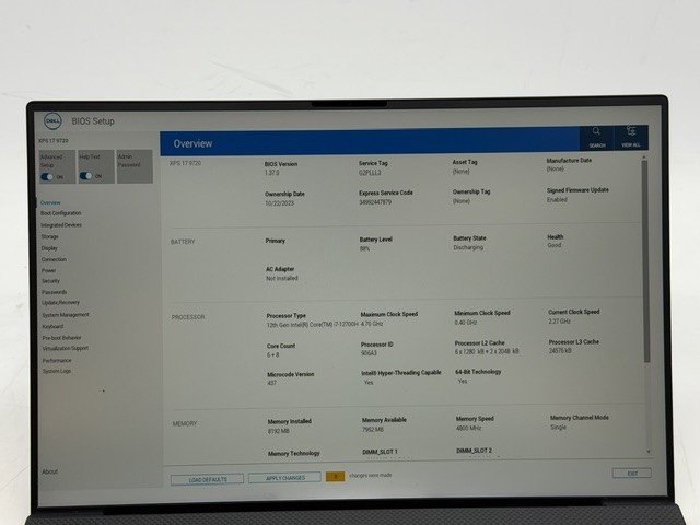 Dell XPS 17 9720 i7-12700H 1TB SSD 8GB DDR5 GeForce RTX 3050 W11P Touchscreen