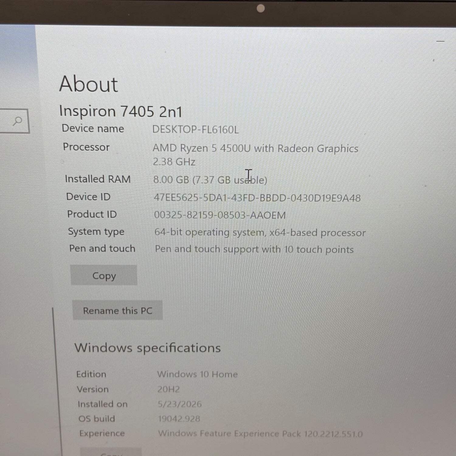 Dell Inspiron P126G 14″ Touch Screen Ryzen 5 4500U 8GB RAM 256GB SSD