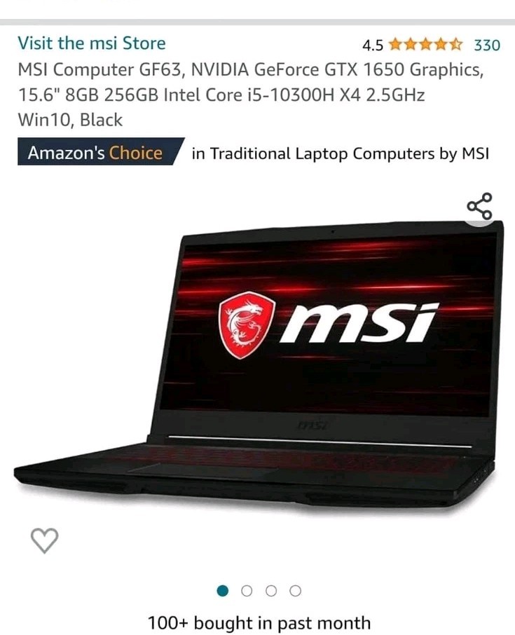 MSI GF63 Gaming Laptop i5-10300H GTX 1650 8GB 256GB SSD 15.6″ 1920×1080 Black