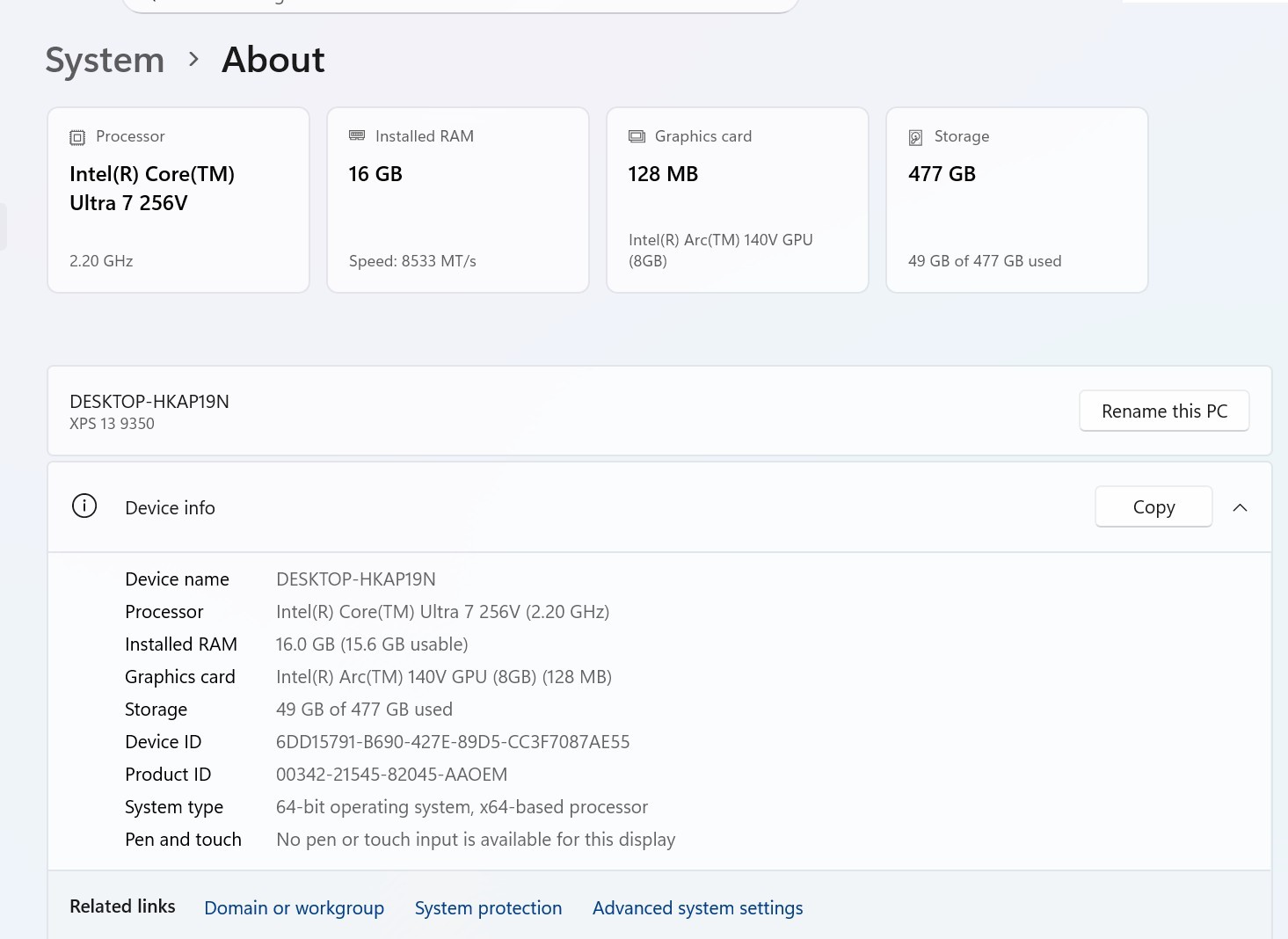 Dell XPS 9350 13in Intel Core Ultra 7 256V 16GB RAM
