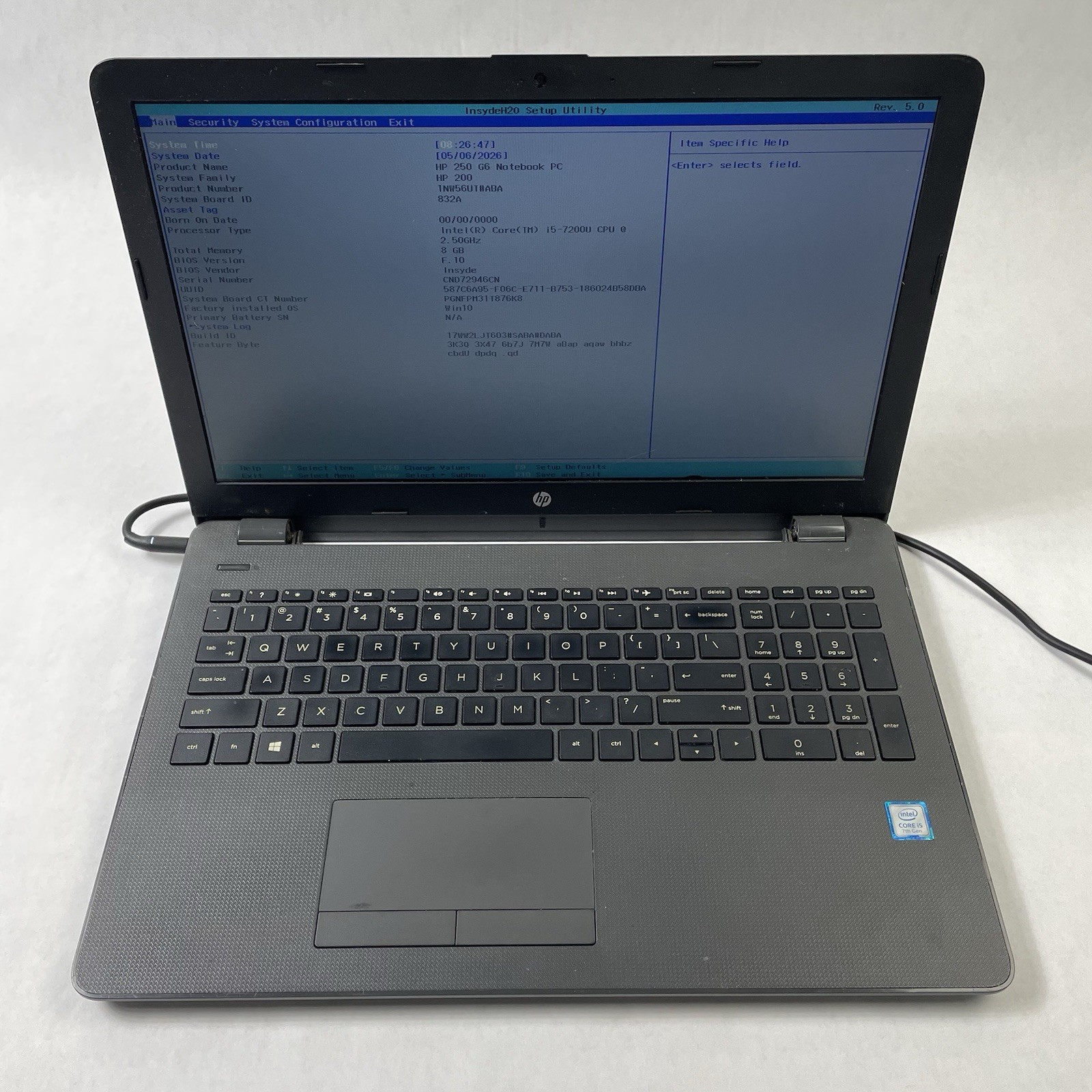 HP 250 G6 15.6″ i5-7200U 2.50 GHz 8 GB RAM No SSD No OS – Bad Keys READ