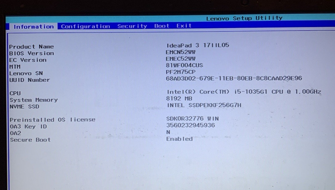 Lenovo IdeaPad 3 17IIL05 Intel Core i5-1035G1 1.00GHz 8GB Ram 256GB SSD W11H