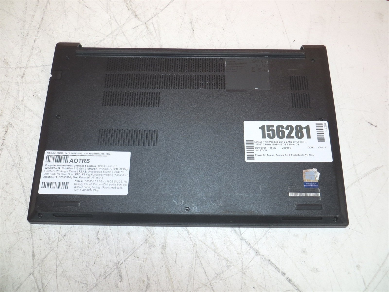 Lenovo ThinkPad E15 Gen 2 BASE ONLY Intel i7-1165G7 2.8GHz 16GB 512GB w/ OS