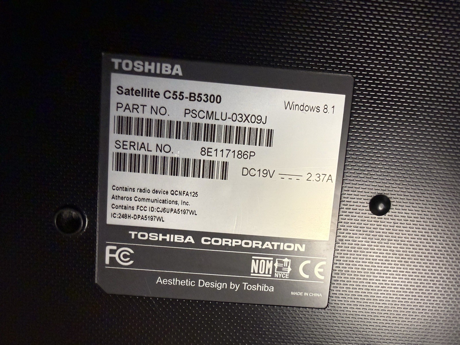 No Battey! Toshiba Satellite C55-B5300 15.6″ 500GB Intel N2840 2.58GHz 4GB DVDRW