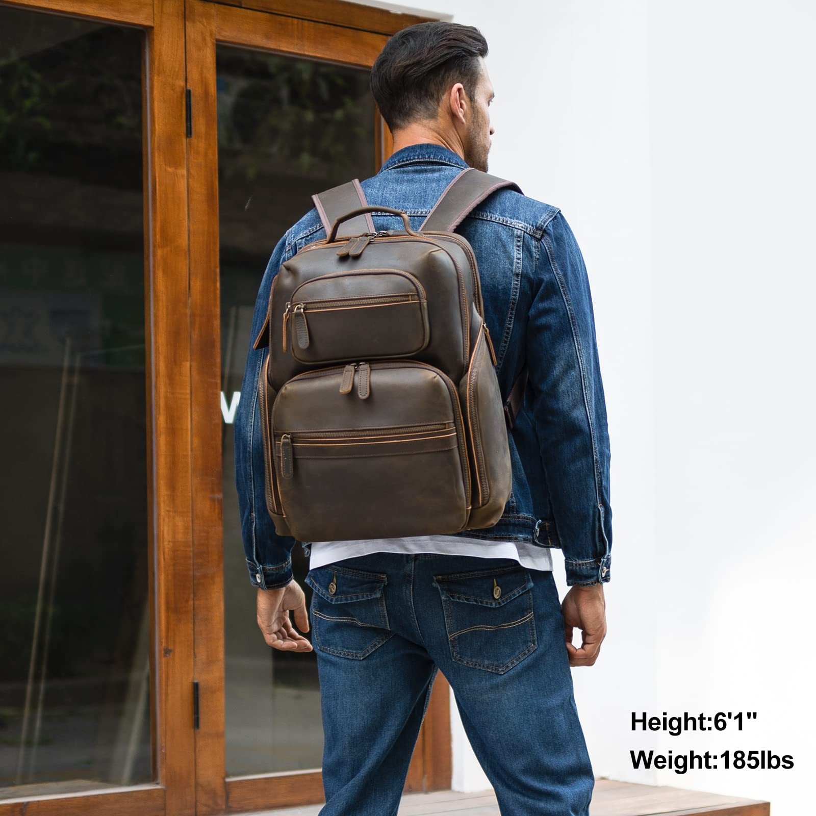 TIDING Men’s Vintage Leather 15.6″ Laptop Backpack Multi-Pocket Travel Rucksack