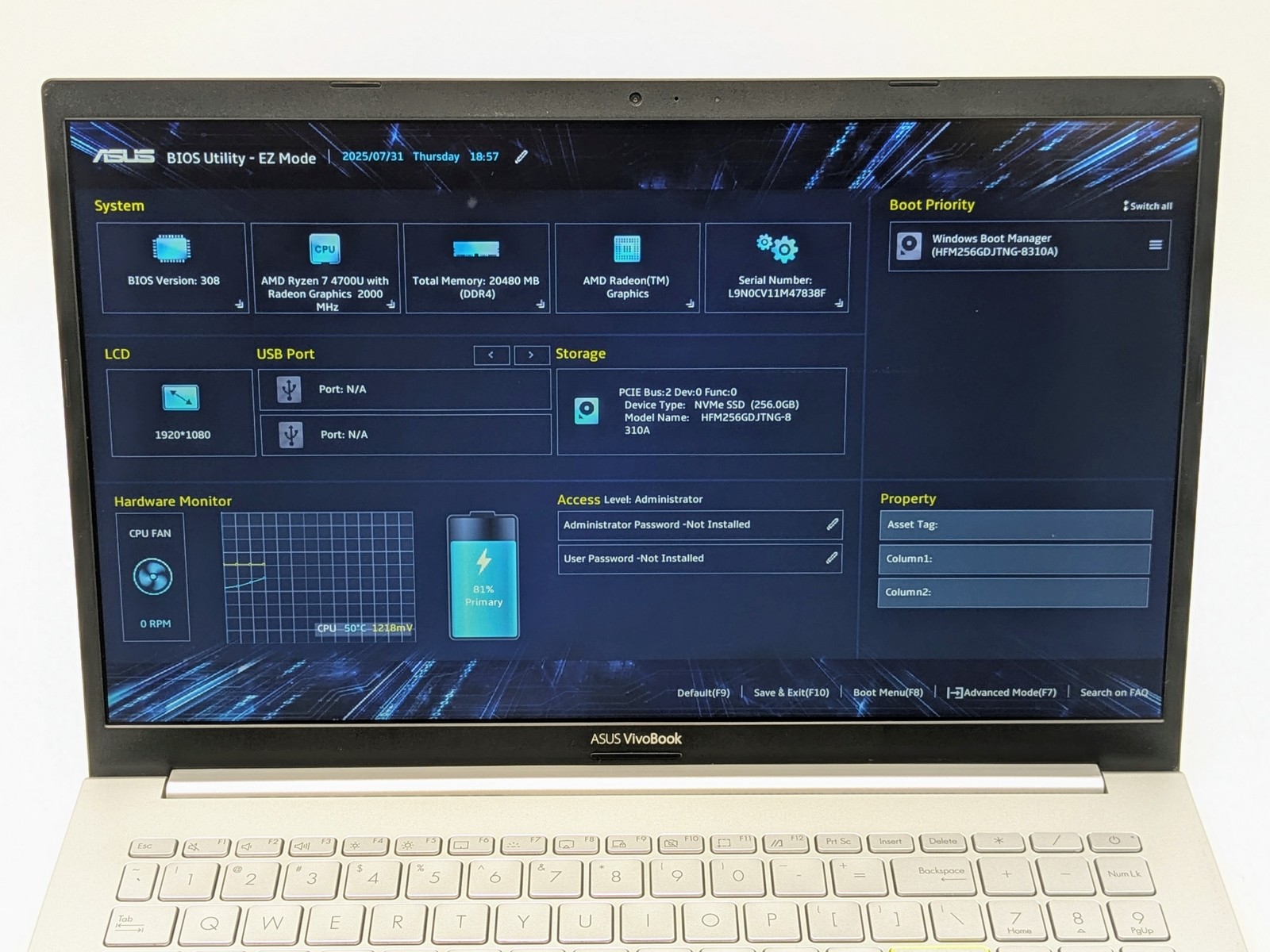 ASUS VivoBook 15 KM513 15″ FHD RYZEN 7 4700U 256GB SSD 20GB W11 FP Reader