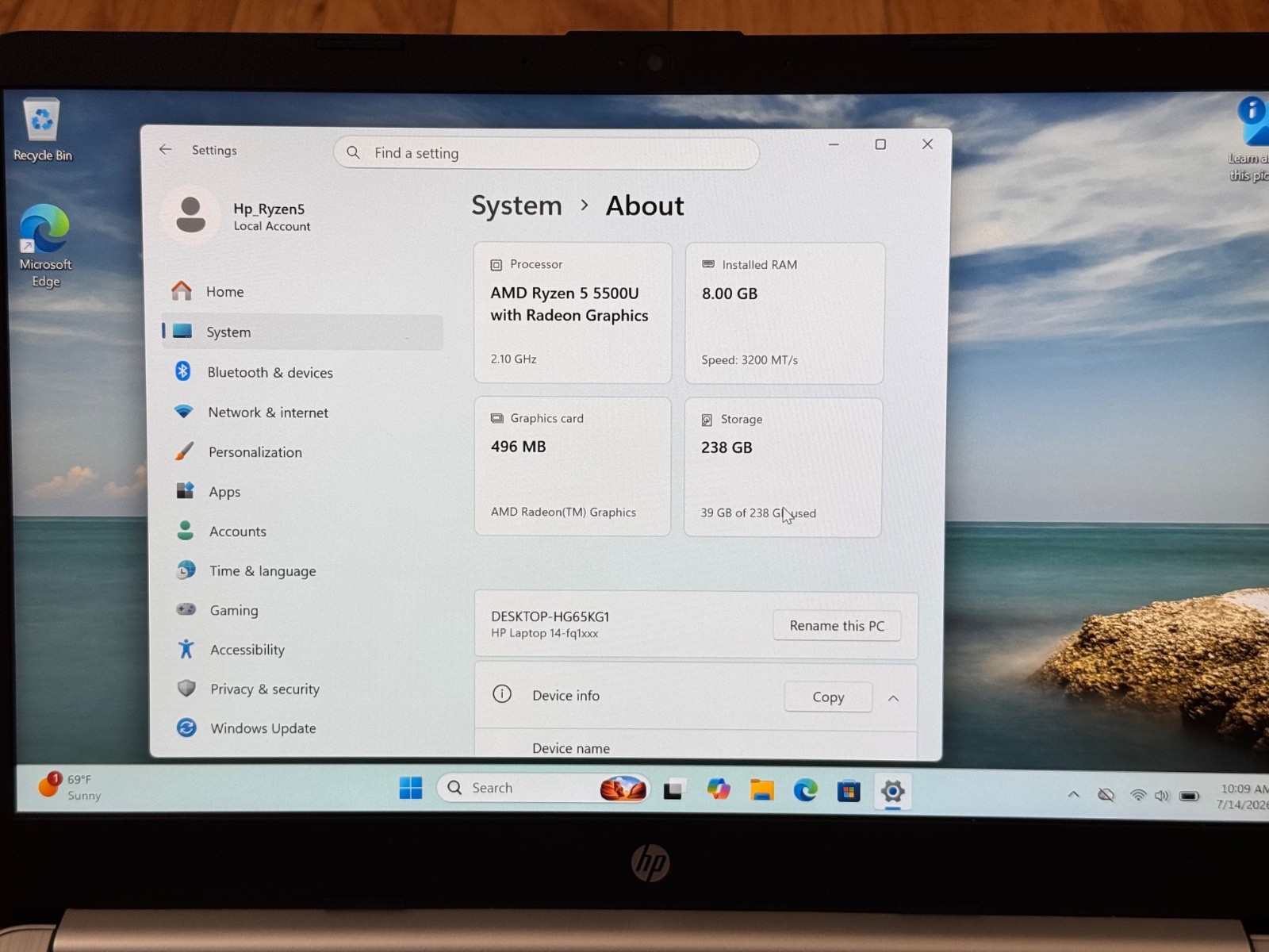 Laptop HP 14-fq1021nr (14 IPS FullHD Ryzen 5 SSD 250Gb)