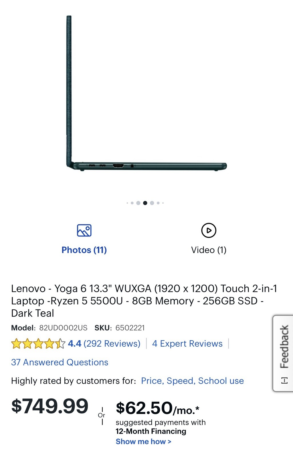 Lenovo Yoga 6 13ALC7 13.3″ (256GB SSD, AMD Ryzen 5 5000 Series, 4.0 GHz, 8GB)…