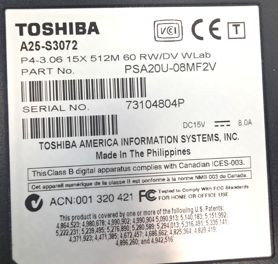Toshiba Satellite A25-S3072| Laptop| 15″| 1024 × 768| No HDD| No RAM| For Parts
