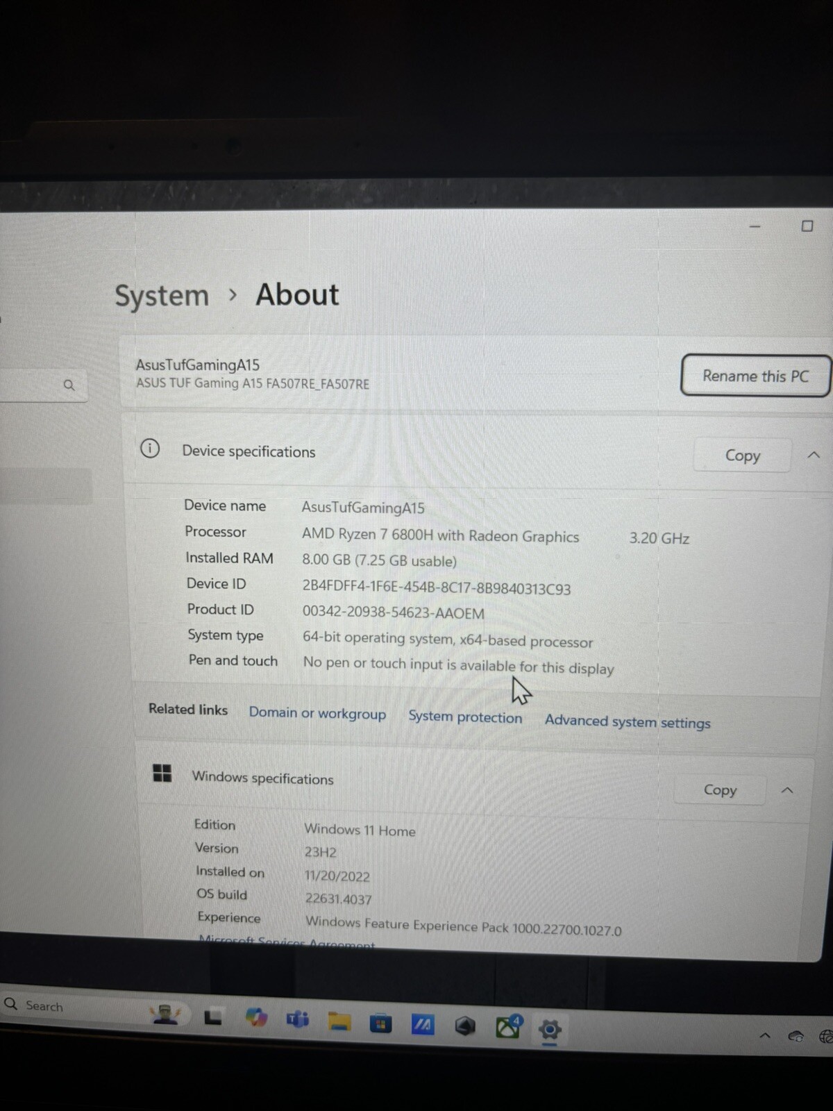 ASUS TUF A15 15.6” 140hz Gaming Laptop Ryzen 7 6000H RTX 3050 8GB DDR5 4800Mhz