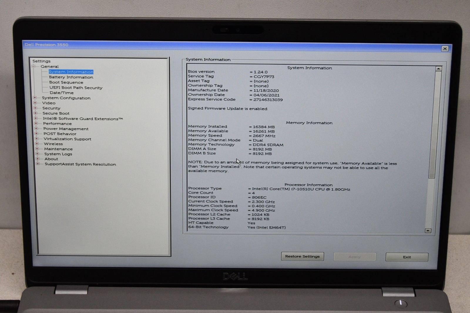 ^ Dell Precision 3550 15.6″ Intel i7-10510U @ 1.80GHz 16GB Ram No HD #X6991