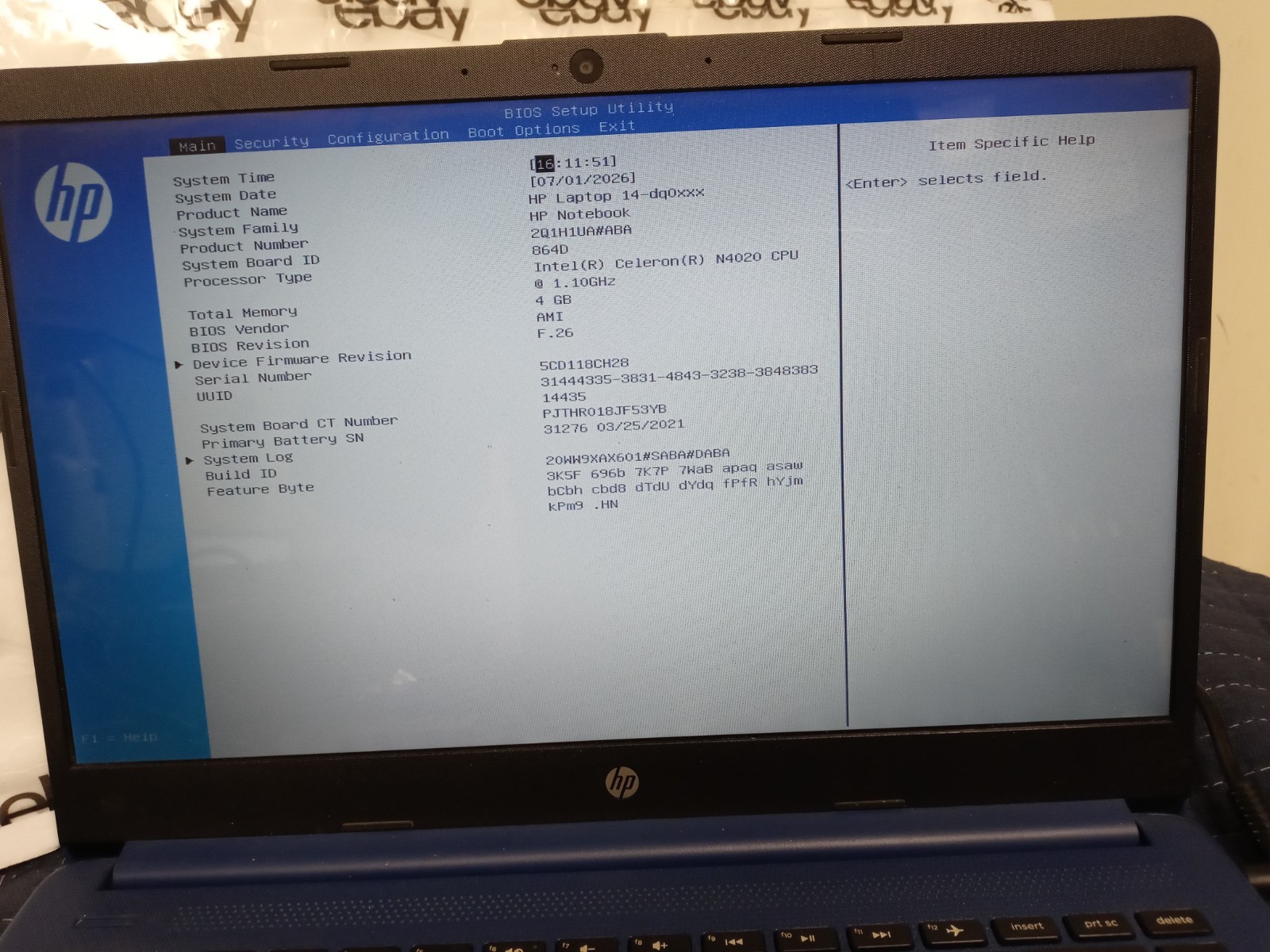 HP NoteBook 14-dq0005dx 14″ Celeron N4020 1.1GHz 4GB RAM 64GB SSD NO OS NO AC