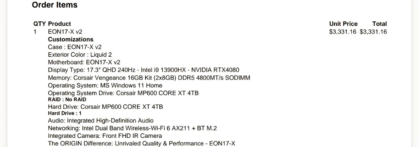 Origin EON17-X-V2 Gaming Laptop Intel i9 13900HX – NVIDIA RTX4080
