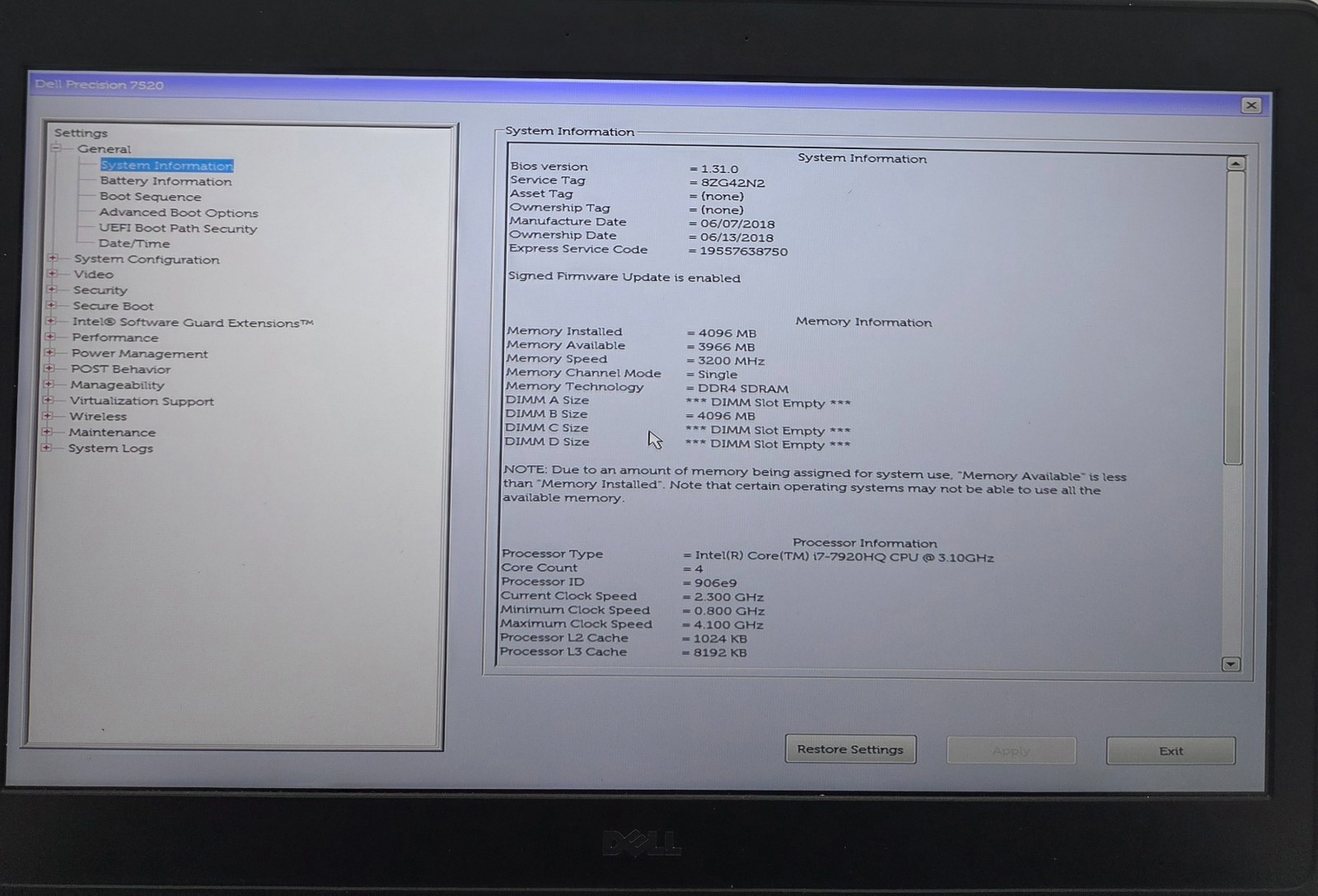 Dell Precision 7520 15.6″ Laptop Intel Core i7-7920HQ 4GB Ram NO HD/OS (FL)