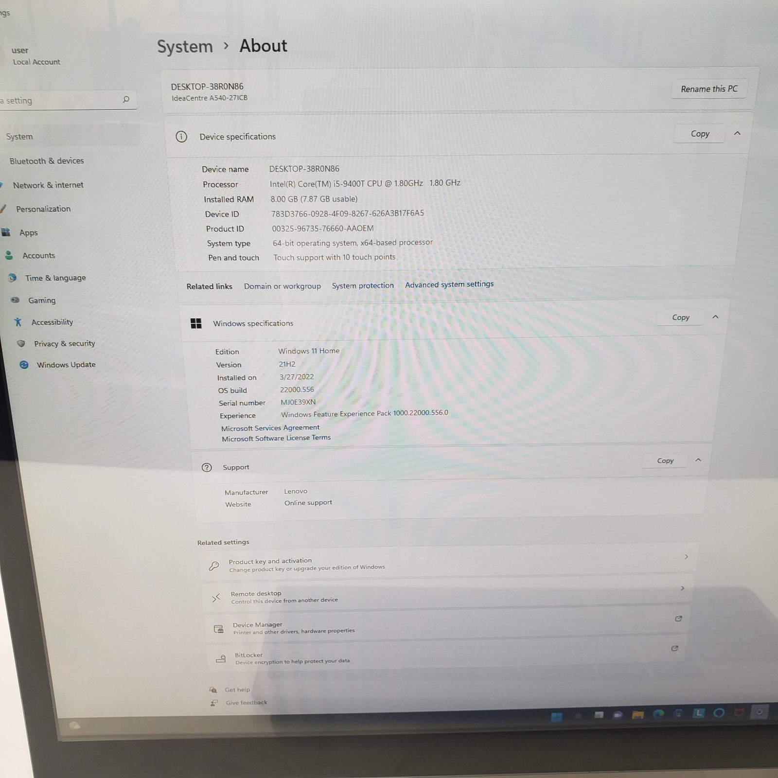 Lenovo Ideacentre AIO R41108 27″ i5-9400T 1.80GHz 8GB RAM