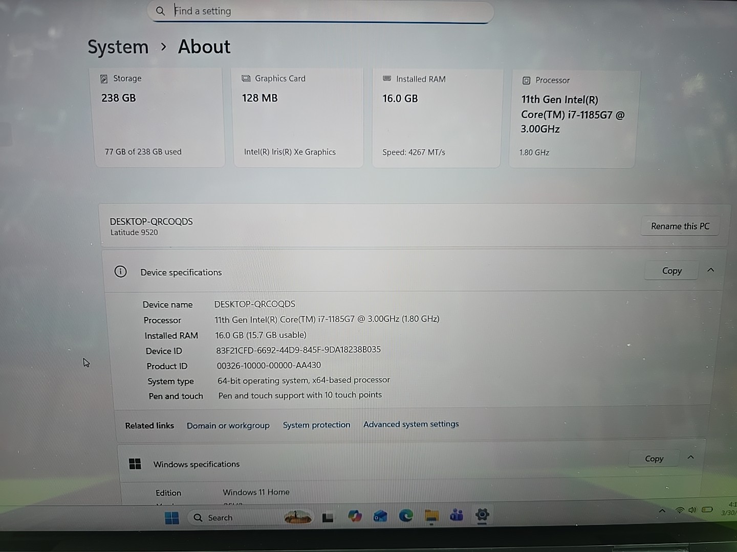 Dell Latitude 9520 15″ 256 GB SSD, Intel Core i7 i7-1185G7, 3GHz, 16GB RAM, LTE
