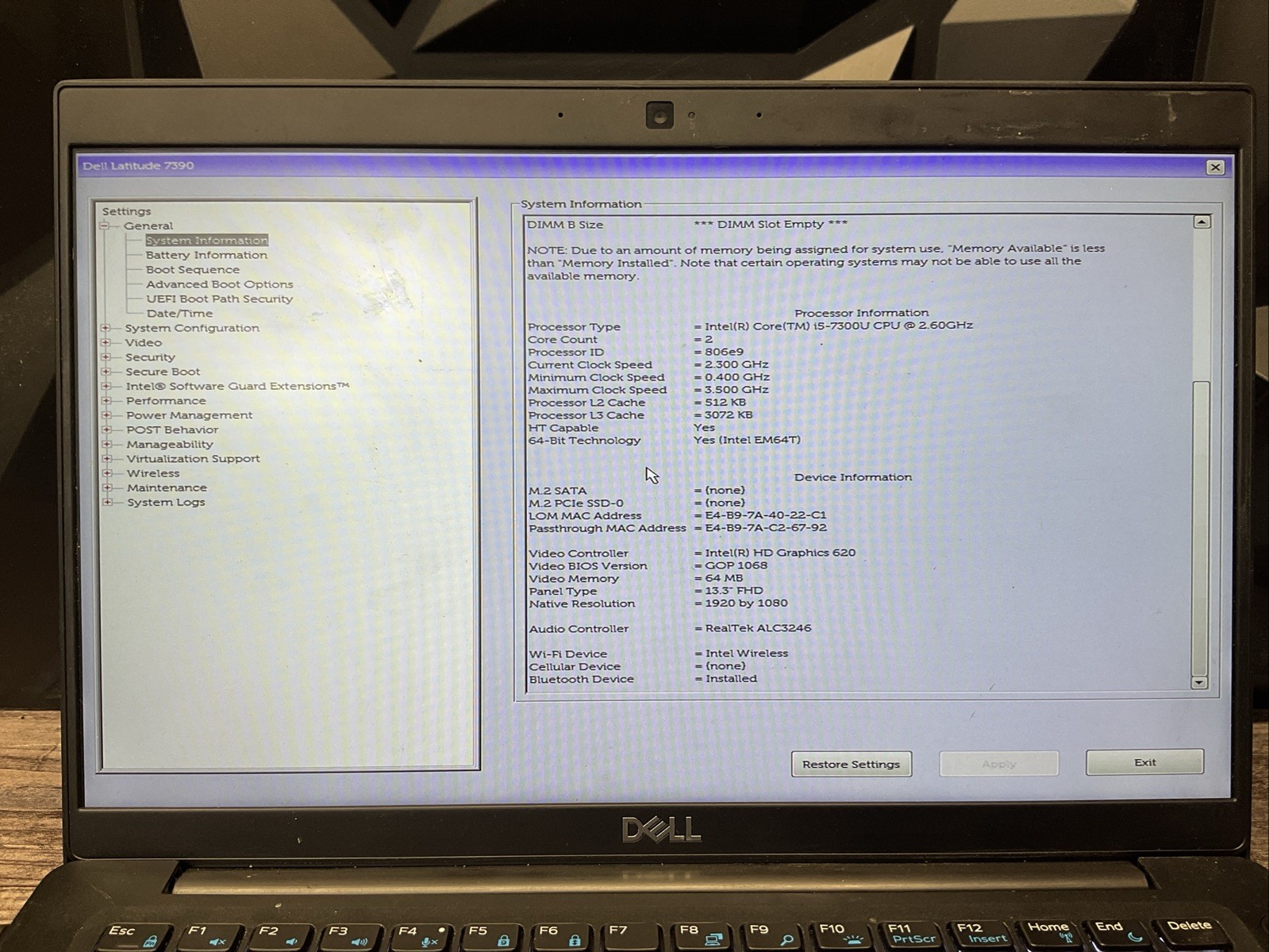 Dell Latitude 7390 / Intel Core i5 7th Gen / BIOS Unlocked / Parts Repair / J3