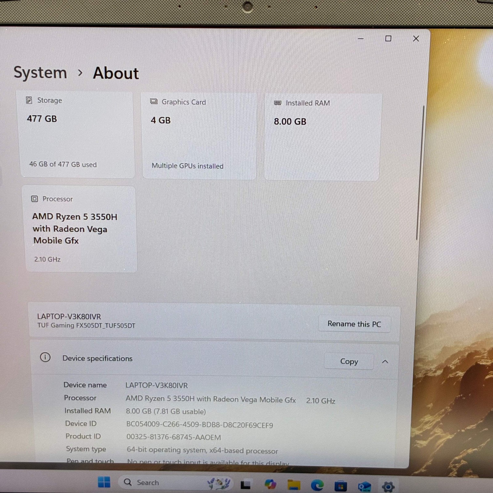 Asus TUF505D 15.6 inch Laptop AMD Ryzen 5 8GB 512GB