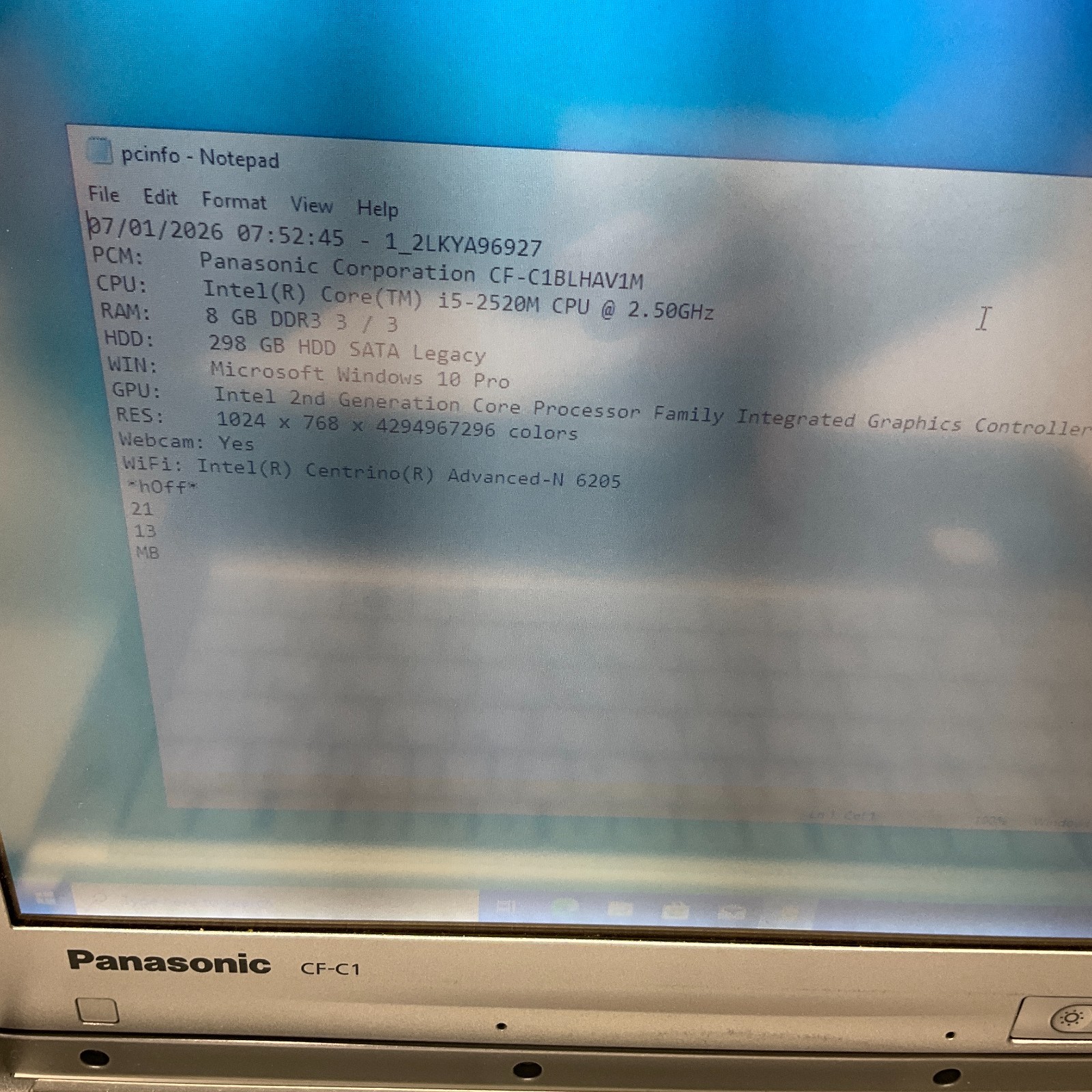 Panasonic ToughBook CF-C1 Intel i5-2520M 8GB RAM 320GB HDD Windows 10 Pro Laptop