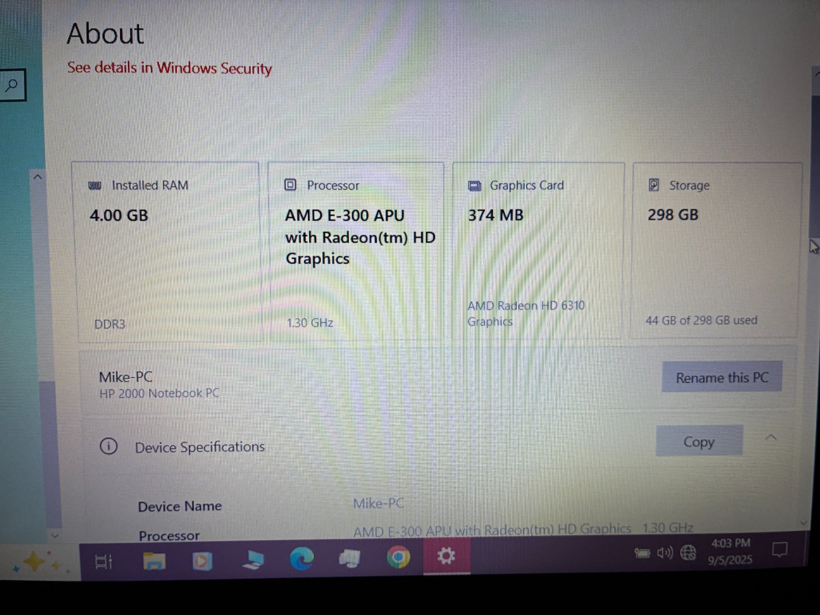 HP 2000 AMD E-300 APU 1.30 GHz 4GB RAM 298GB HDD Win10 for Parts/Repair ~ Read