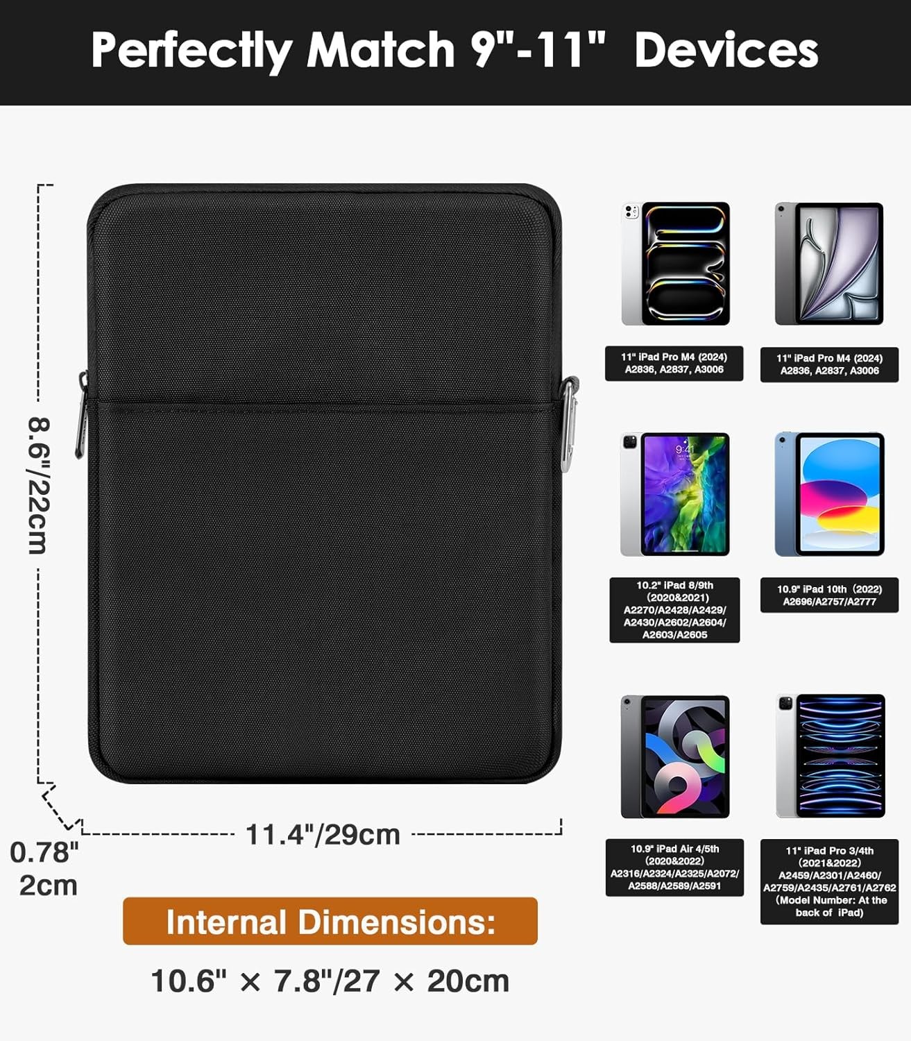 9-11 Inch Tablet Sleeve Bag Carrying Case Fits New 11-inch iPad Pro M4/iPad Air