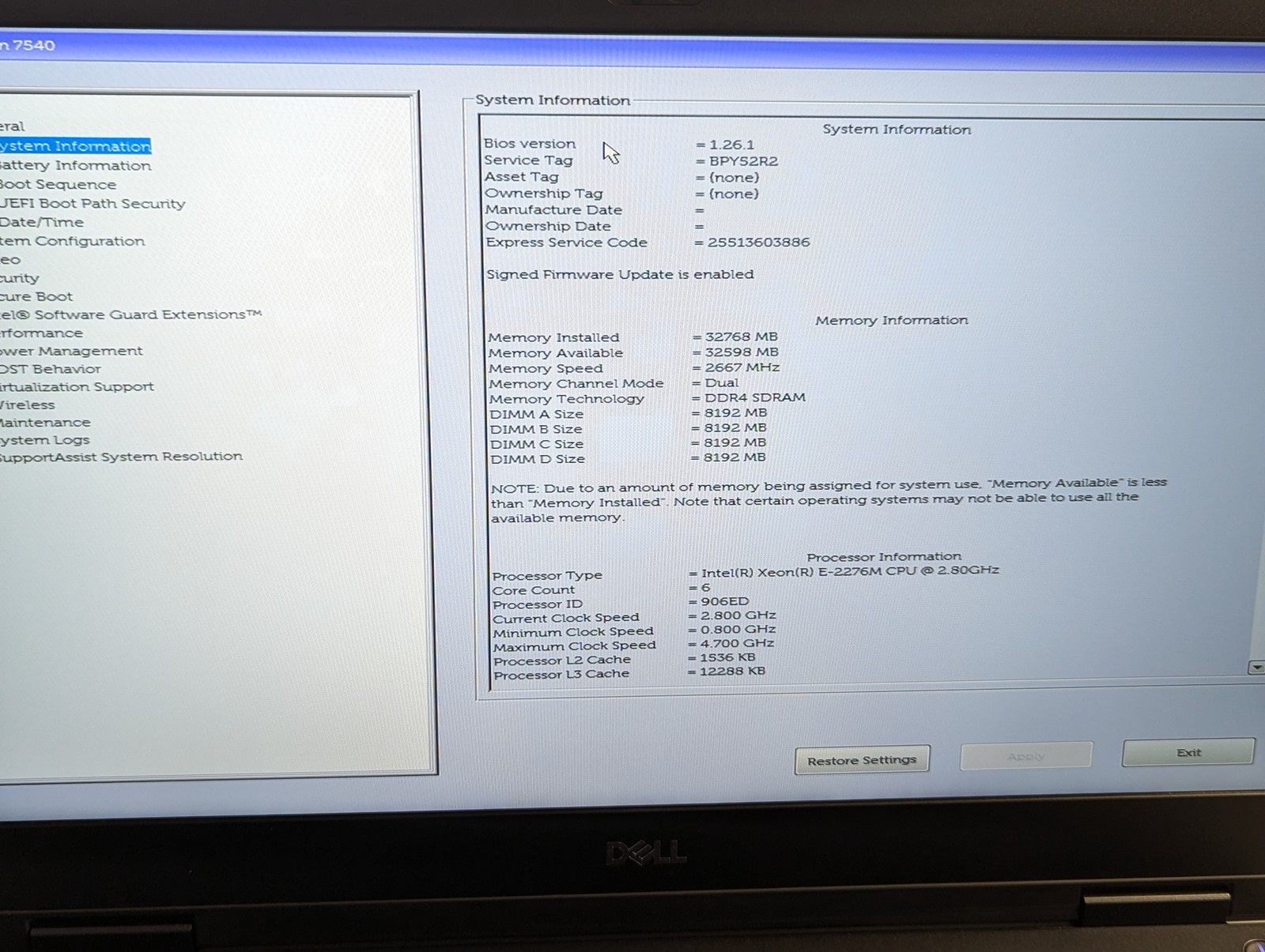 Dell Precision 7540 XEON E-2276M 2.8Ghz 32GB Ram 512GB SSD Grade D