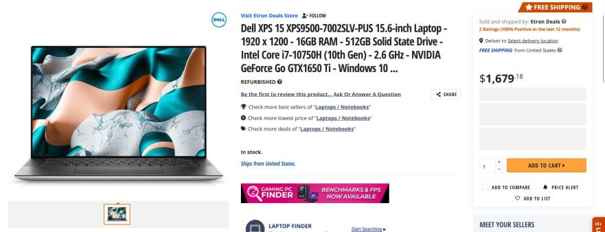 Dell XPS 15 9500 Intel Core i7 10750H 2.60 GHz 16GB RAM 512GB NVME 1650 Ti 4GB