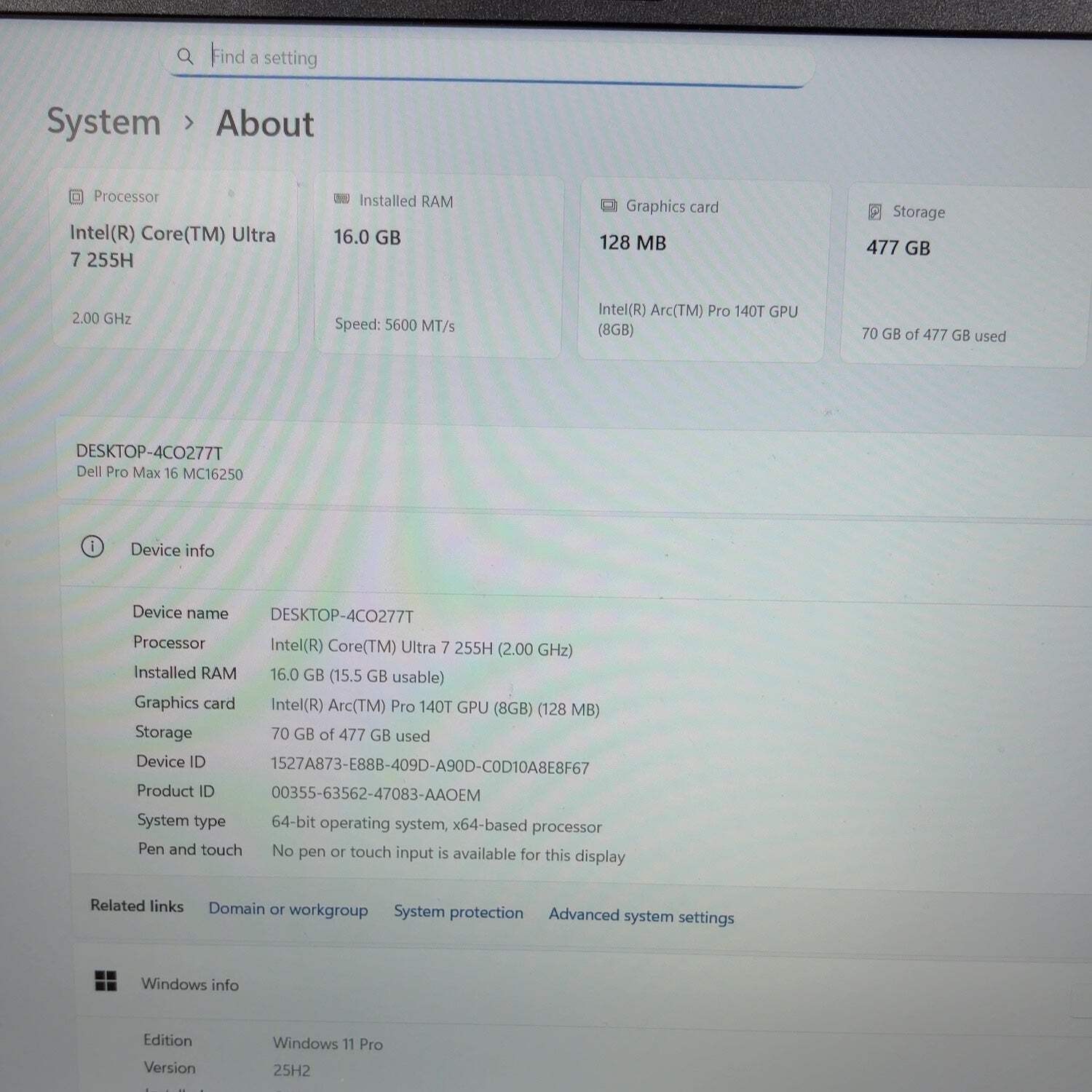 Dell Pro Max 16 MC16250 15.6″ Core Ultra 7 255H 2.0GHz 16GB RAM 512GB SSD