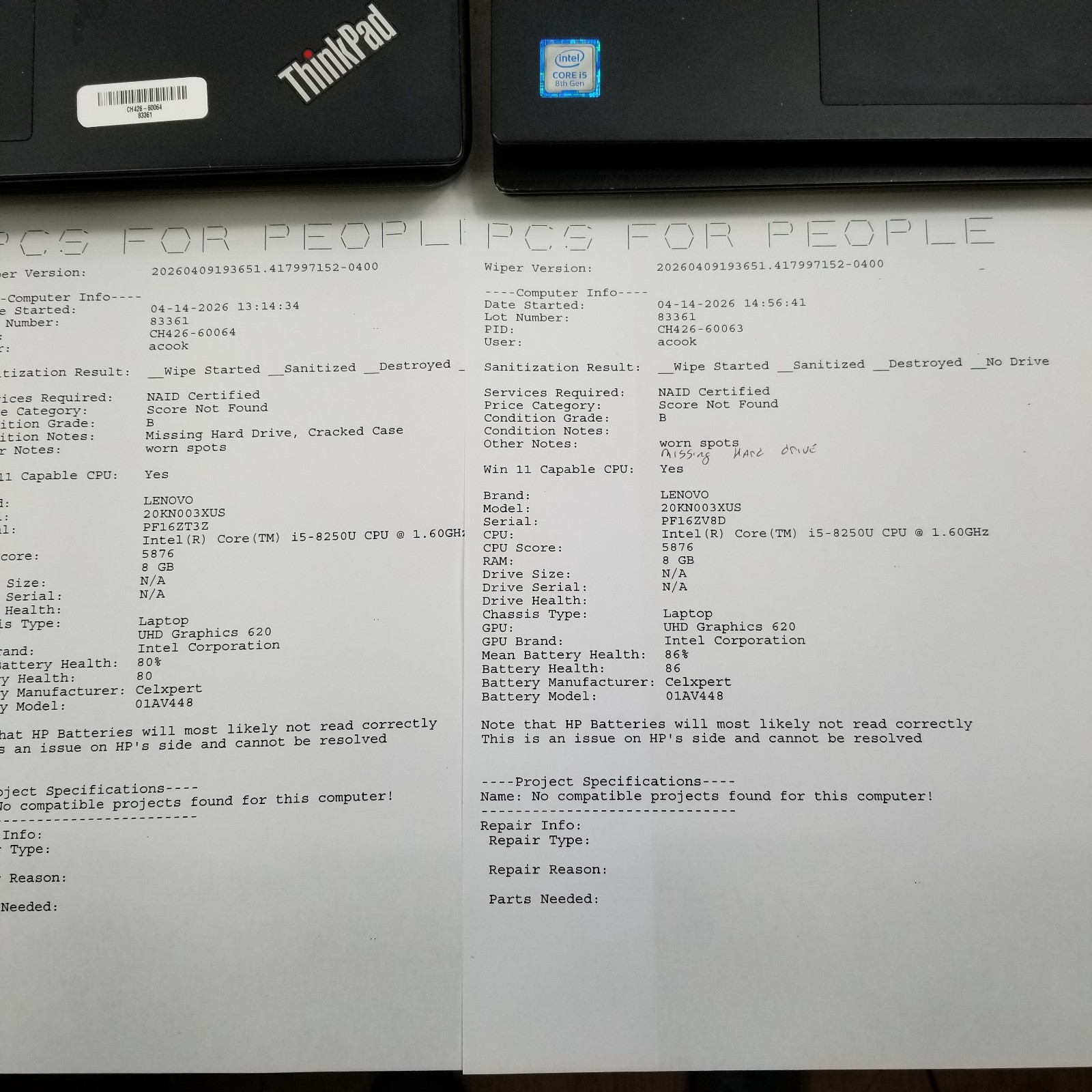 Lot of 4 Lenovo ThinkPad E480 / E460 14″ Core i5-8250U 1.60GHz 8GB RAM *READ*