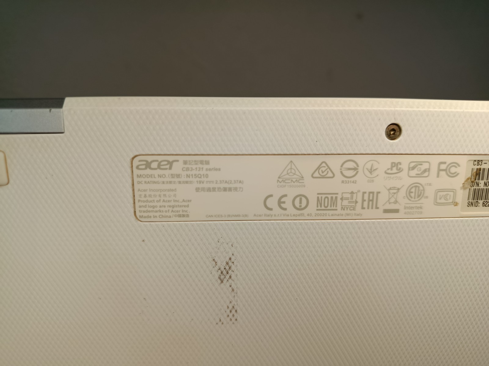 ACER Chromebook CB3-131 N15Q10 w/ Power Adapter Charger White