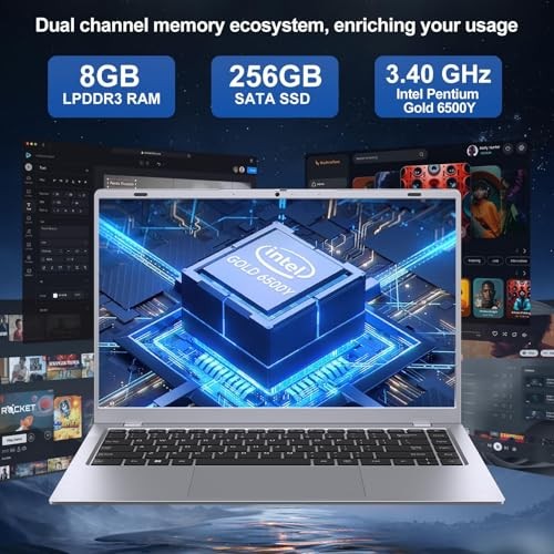 2026 Silver Laptop, Pentium Gold 6500Y Processor(Up to 3.4 GHz),8GB RAM 256GB