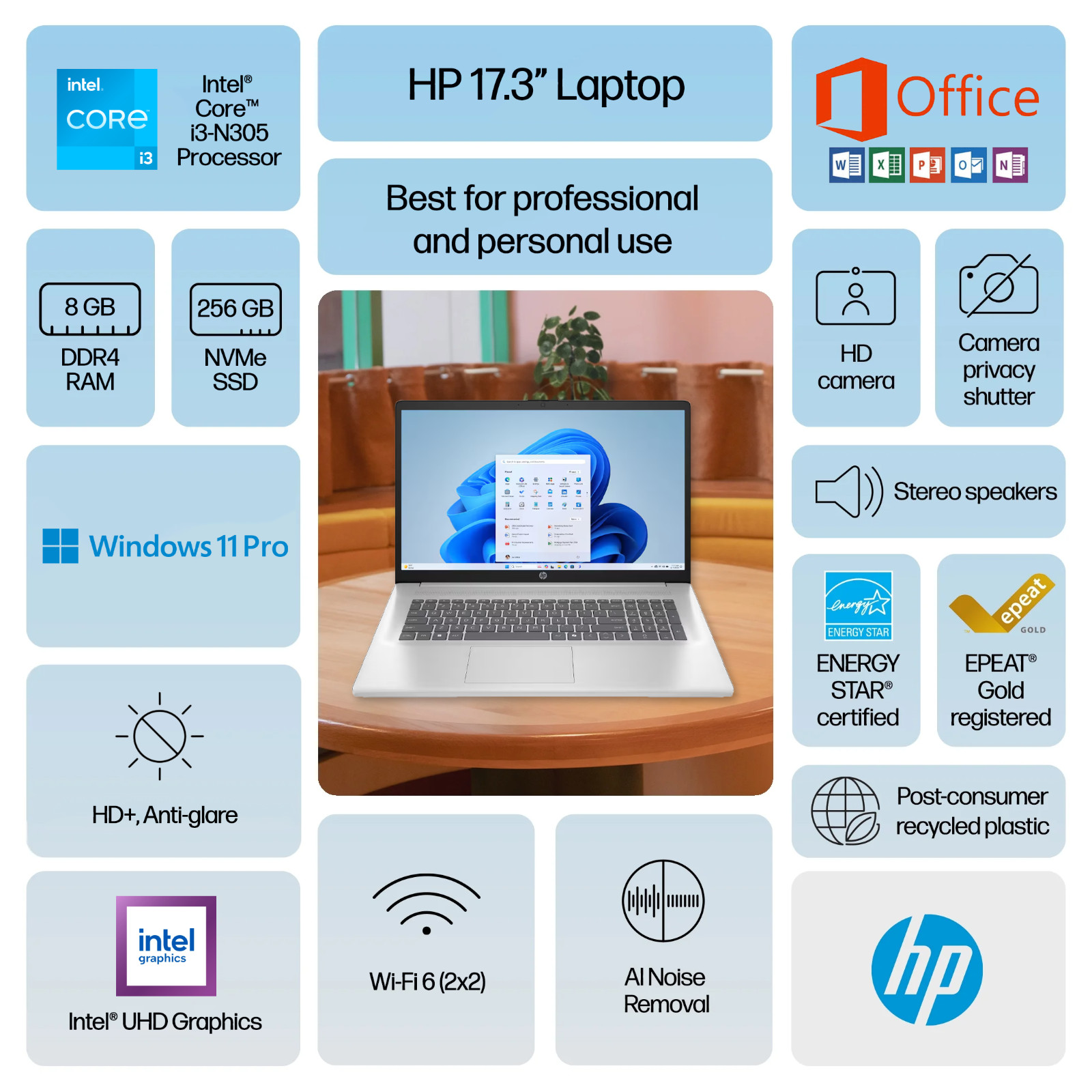 HP Laptop Computer 17.3″ 8-Core Intel i3 8GB RAM 256GB SSD OFFICE Pro, Open Box