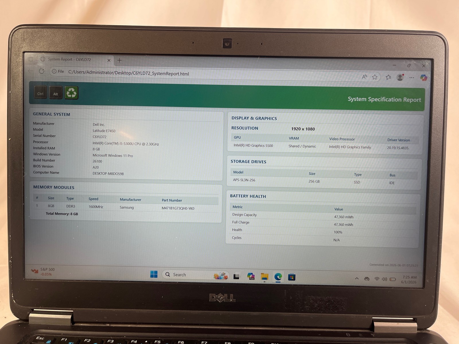 Dell Latitude E7450 Intel Core i5-5300U 8 GB 256GB SSD 14″