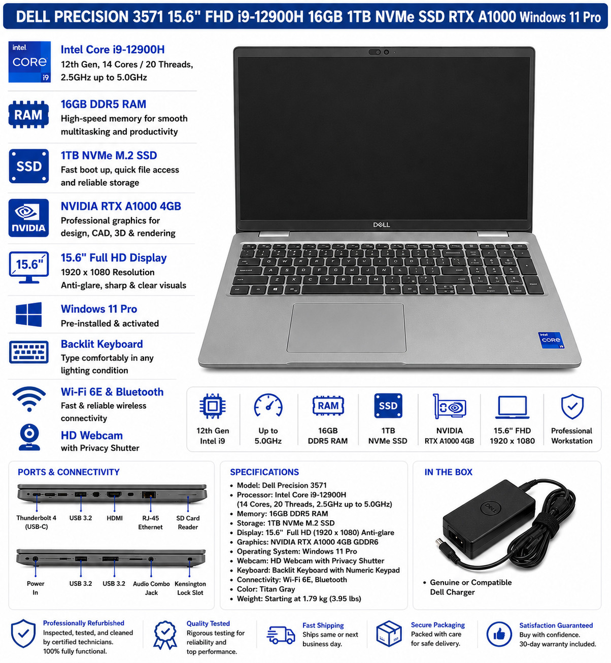 Dell Precision 3571 15.6″ i9-12900H 16GB 1TB SSD RTX A1000 Win11 Pro Workstation