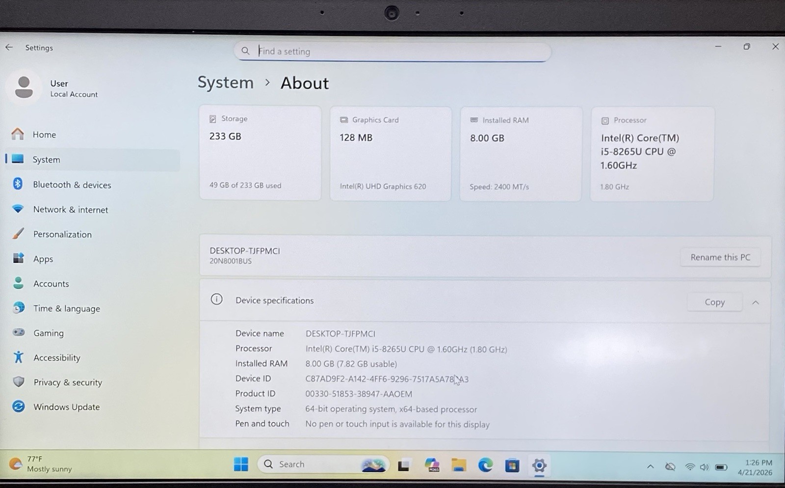 Lenovo ThinkPad E490 14″ Core i5-8265U @ 1.60GHz 8GB RAM 256GB SSD Windows 11Pro