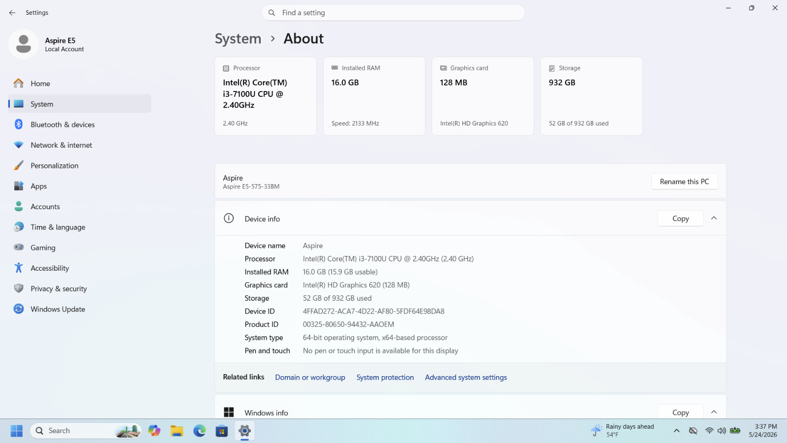 Acer Aspire E5-575; Intel Core i3-7100 @2.40GHz 15.6″ 1TB SSD 16GB RAM Laptop