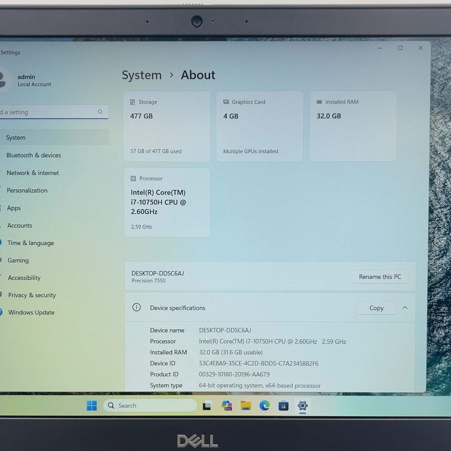 Dell Precision 7550 15.6″ i7-10750H 2.6GHz 32GB RAM 512GB SSD Quadro T2000
