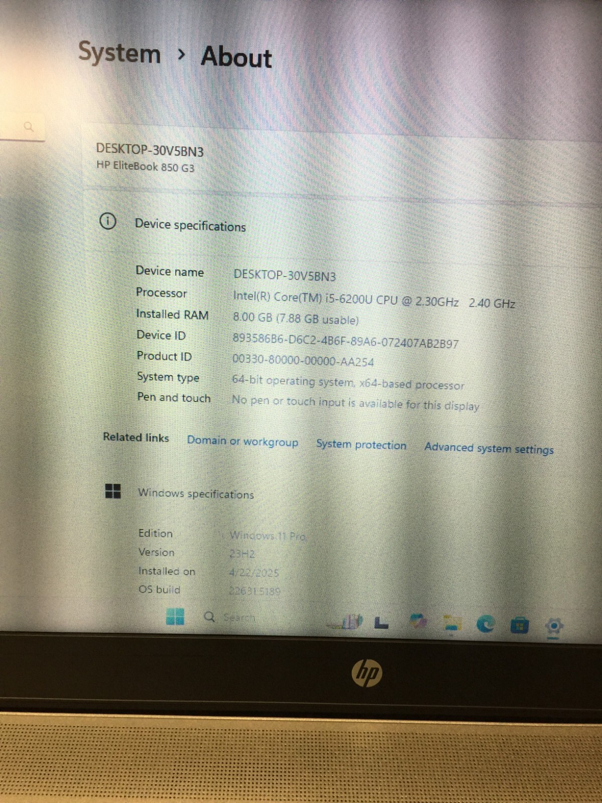 HP EliteBook 850 G3 15.6″ (256GB Core i5 6th gen 2.30GHz 8GB RAM WIN 11 PRO