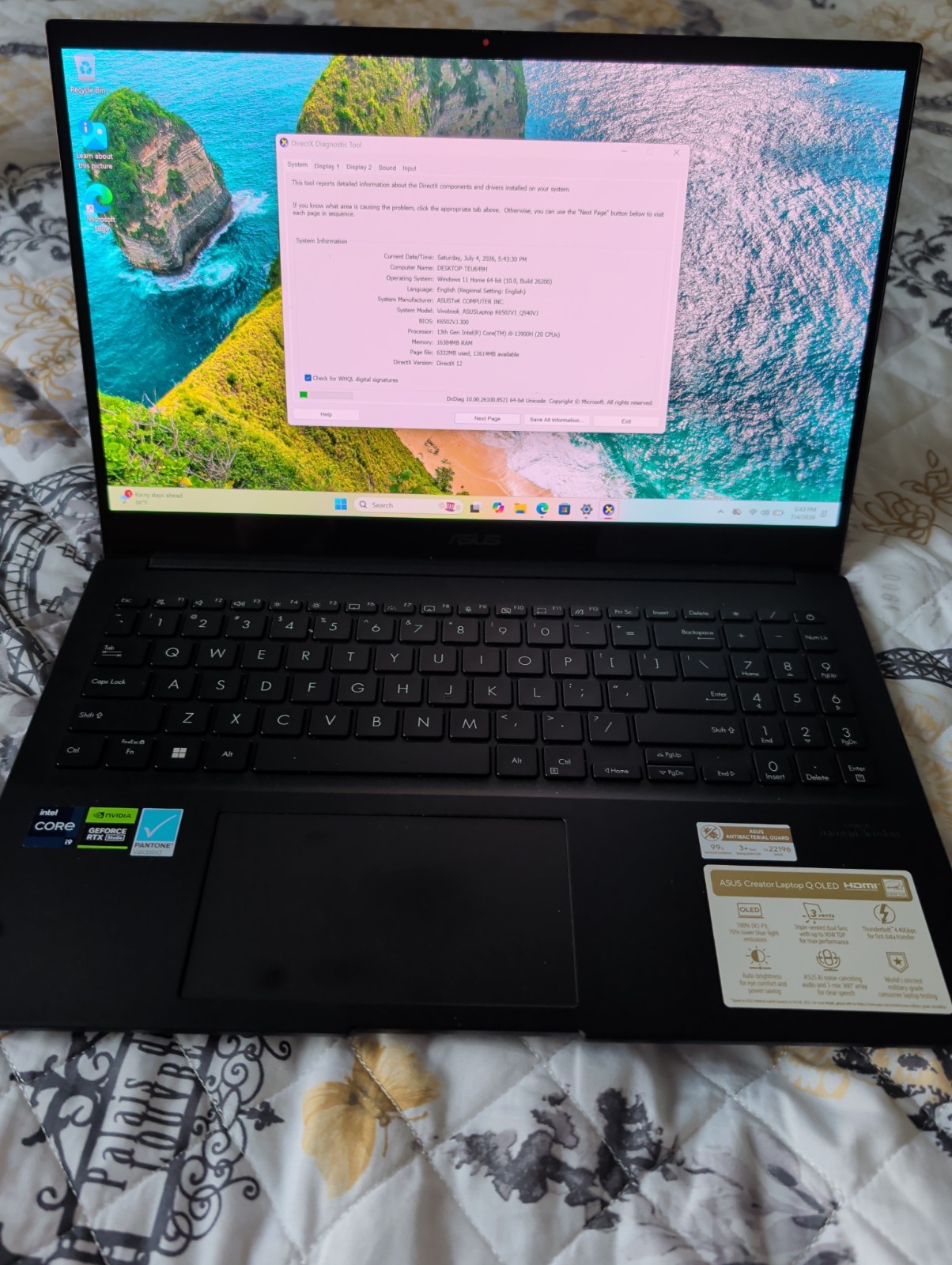 ASUS Creator Laptop, 15.6 OLED 3K, I9-13900H,16GB RAM, 1TB SSD, GeForce RTX 3050
